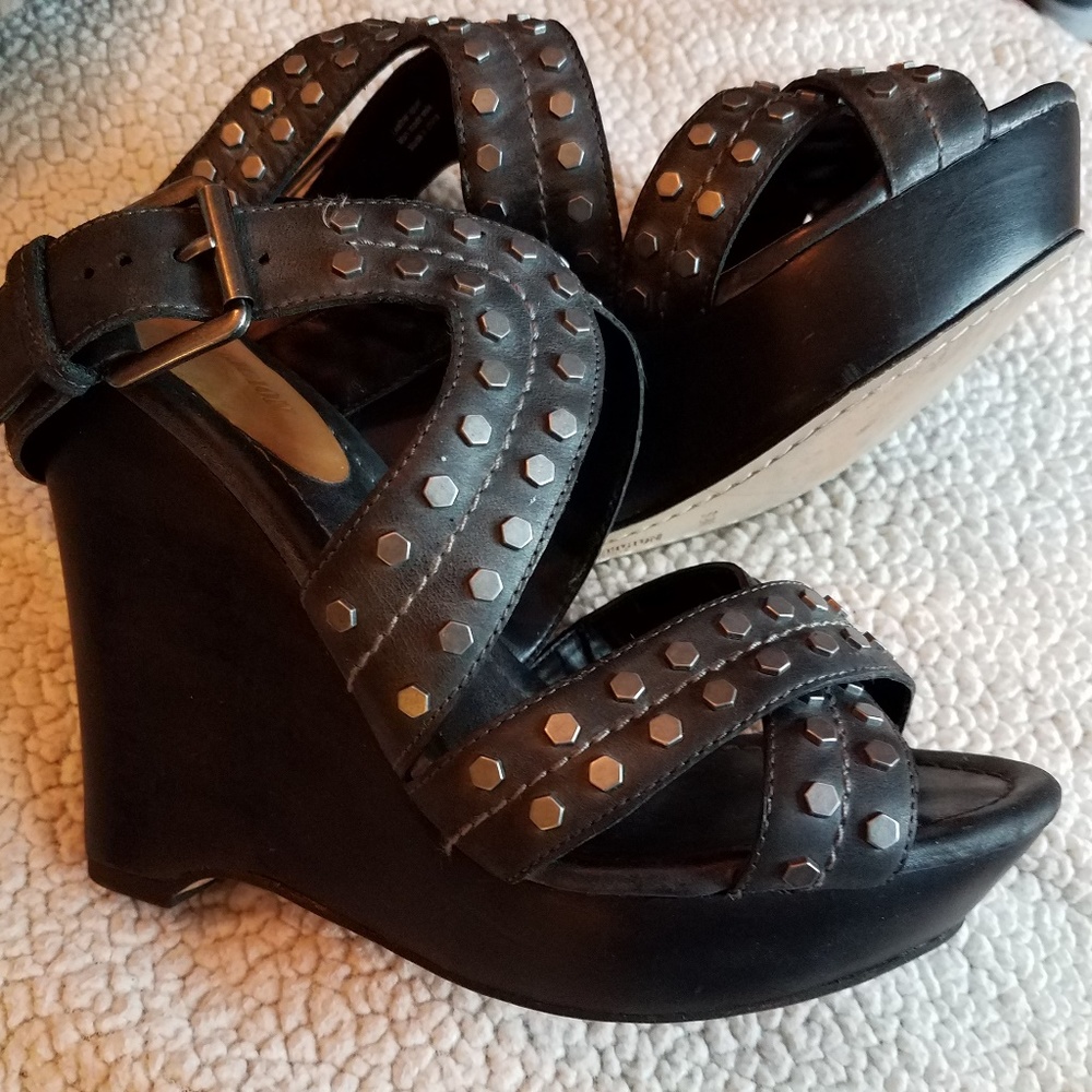 Black Studded Wedge Sandals with Buckle Strap